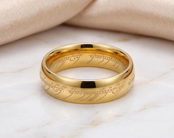 Elven Fantasy Ring for Men Women | Gold Silver Black Wedding Band | Engraved Rune Band, Lord Ring, Mythical Groom Jewelry, Goth Gift for Him