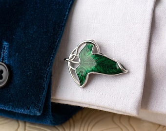 Elven Leaf Cufflinks, Deep Green Forest Shirt Accessories, Fantasy Wedding Nature Jewelry