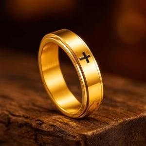 Peut inclure: Une bague dorée avec une croix noire. La bague, en métal brillant, est posée sur une surface en bois. La croix est centrée sur le bandeau de la bague.