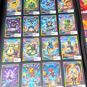 May include: A black binder filled with various trading cards. The cards feature colorful illustrations of cartoon characters, including Pikachu, Blastoise, and Iron Man. Each card is labeled with a number, and the binder is open, displaying multiple rows of cards.