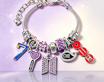 BTS OT7 ARMY Charm Bracelet, Kpop Bangtan Boys Jewelry, BTS Army Fan Gift, Purple Beaded Bracelet