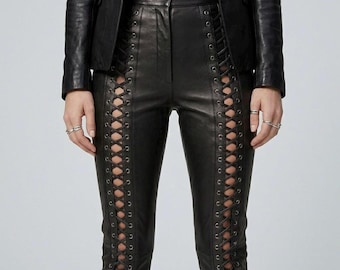 Schwarze Lederhose für Damen mit Schnürung | Gothic-Festivalhose
