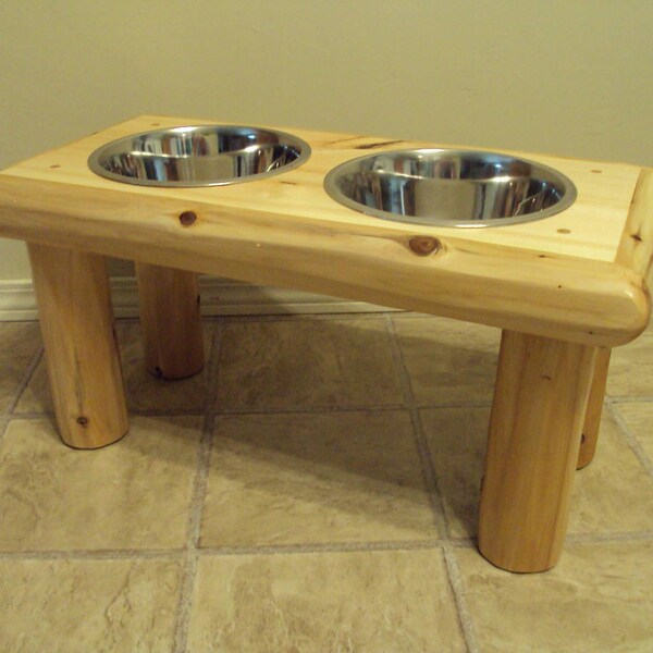 Log Pet / Dog / Cat Bowl Feeder - Large - Elevated Home Cabin Furniture - Cedar