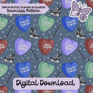 May include: A seamless pattern featuring heart-shaped candies in blue, green, purple, and red, each printed with names like Garrett Graham, Dean DiLaurentis, and John Tucker. The design includes black ice skates, hockey sticks, and white stars.