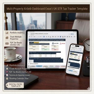 Può includere: Un modello Excel digitale per la gestione di più proprietà Airbnb. L'immagine mostra un tablet e uno smartphone che visualizzano la dashboard, insieme a una tazza di caffè e un orologio. Il testo include "Portfolio Analytics" e "UK Tax Ready (Section 24)."