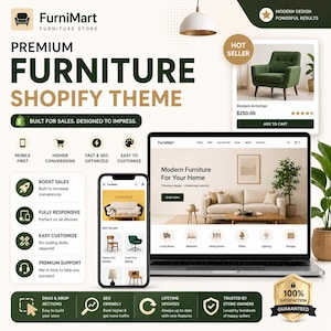 May include: A promotional image for FurniMart, a furniture store, showcasing a Shopify theme. The design highlights features like mobile-first design, SEO optimization, and easy customization. A green armchair is featured as a hot seller.
