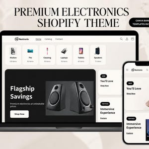 May include: A laptop and smartphone showcase a website theme for premium electronics. The website displays product categories such as kitchen, TVs, and speakers. The theme includes Canva banner templates and promotes flagship savings.