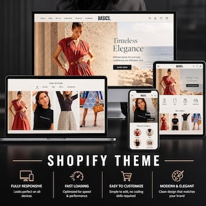 May include: A promotional image showcasing a Shopify theme across multiple devices: a desktop computer, laptop, tablet, and smartphone. The theme displays an e-commerce website with clothing, featuring the text "Timeless Elegance."