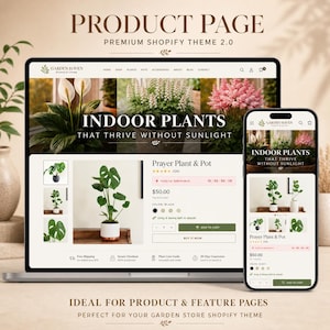 May include: A laptop and smartphone show a website for indoor plants. The website showcases images of plants, including a Prayer Plant in a white pot with a copper base. The text on the screen reads "Indoor Plants That Thrive Without Sunlight."