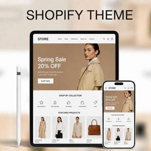 May include: A digital tablet and smartphone display a website with a spring sale promotion. The website showcases clothing items, including a linen dress, classic shirt, blazer, and tote bag. The text "Shopify Theme" is at the top.