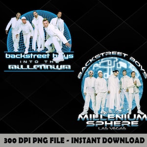 Könnte beinhalten: Eine digitale Grafik mit den Backstreet Boys in weißen Outfits vor blauen Globus-Hintergründen. Das linke Design zeigt Backstreet Boys Into The Millennium, das rechte Design zeigt Backstreet Boys Millennium Sphere Las Vegas.