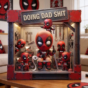 Può includere: Una vetrina a tema Deadpool rossa e nera con la scritta "DOING DAD SHIT". La vetrina presenta statuette di Deadpool, attrezzi e un water. Le statuette sono etichettate con nomi come "Daddy", "Anna" e "Kevin".