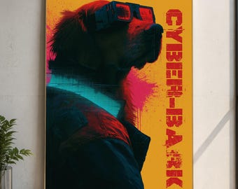 Póster de perro cyberpunk, arte mural retrofuturista, estampado animal de ciencia ficción, estética neón glitch, decoración tecnológica vintage, lienzo para sala de juegos