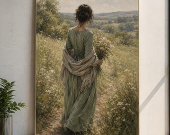 Lienzo con imagen de mujer vintage vestida de verde, arte mural rústico con flores de pradera, lámina de paisaje campestre, decoración romántica para el hogar, lámina de naturaleza