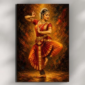 Könnte beinhalten: Ein lebendiges Gemälde einer indischen klassischen Tänzerin in traditioneller Kleidung. Die Tänzerin befindet sich in einer anmutigen Pose und trägt einen roten und goldenen Sari, Schmuck und eine Kopfbedeckung. Der Hintergrund weist warme, erdige Töne auf.