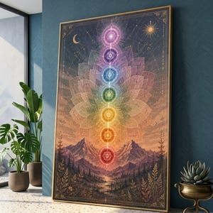 May include: A vertical rectangular wall art print featuring a central vertical alignment of seven glowing chakra symbols layered over a large lotus flower, set against a landscape of mountains, pine trees, and a river under a starry night sky.