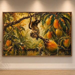 May include: An oil painting of a monkey hanging from a tree branch, surrounded by mangoes and lush green foliage. The artwork features a warm color palette with shades of yellow, orange, and green, and is framed in a wooden frame.