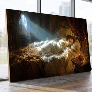 Puede incluir: Un lienzo rectangular con una pintura oscura y dram&aacute;tica de una persona con una t&uacute;nica blanca acostada en una cama. Un haz de luz brillante entra por una ventana e ilumina la figura, mientras que una rosa roja descansa sobre una mesita de noche.