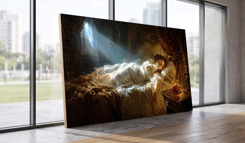 Puede incluir: Un lienzo rectangular con una pintura oscura y dram&aacute;tica de una persona con una t&uacute;nica blanca acostada en una cama. Un haz de luz brillante entra por una ventana e ilumina la figura, mientras que una rosa roja descansa sobre una mesita de noche.