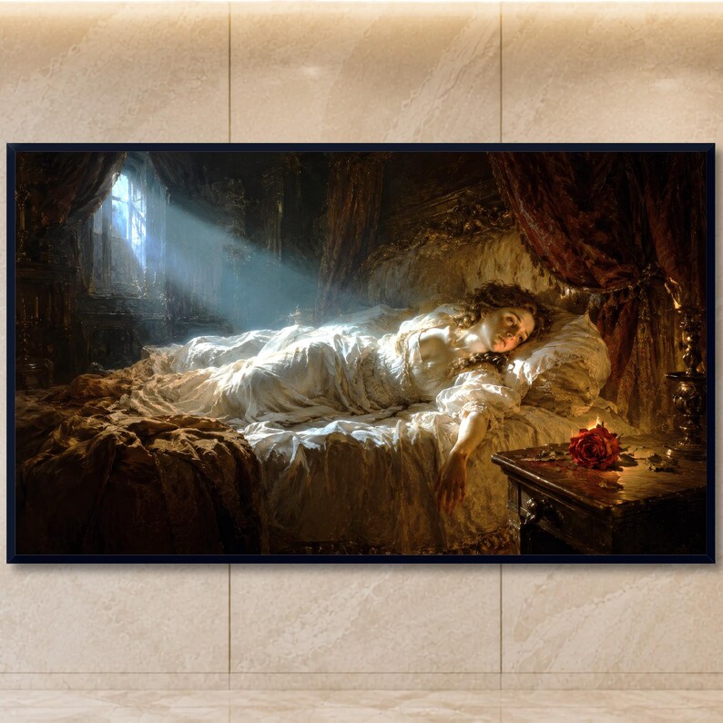Puede incluir: Una impresi&oacute;n de arte mural rectangular enmarcada que representa a una persona con una t&uacute;nica blanca acostada en una cama en una habitaci&oacute;n oscura. Un rayo de luz brilla a trav&eacute;s de una ventana sobre la persona, mientras una rosa roja descansa.