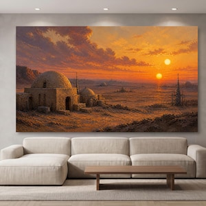 Ökenlandskap med två soler, sci-fi-ökenlandskap, inspirerad väggkonst, sci-fi-canvas med solnedgång, galaktisk heminredning