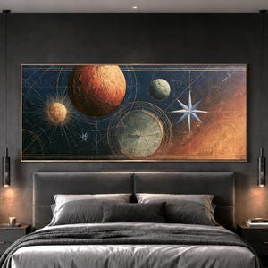 May include: A rectangular wall art piece featuring a celestial theme with a large textured orange planet, a smaller grey planet, a sun-like orb, a compass rose, and a vintage clock face set against a dark blue and orange background with gold lines.