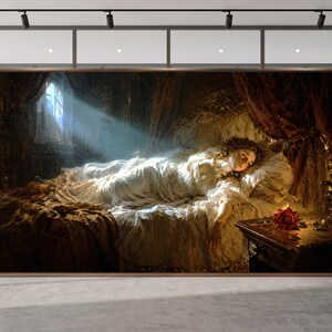 Puede incluir: Una impresi&oacute;n de arte mural rectangular que representa a una persona con un vestido blanco durmiendo en un dormitorio oscuro y ornamentado. Un rayo de luz ilumina la figura desde una ventana, mientras una rosa roja descansa sobre una mesita.