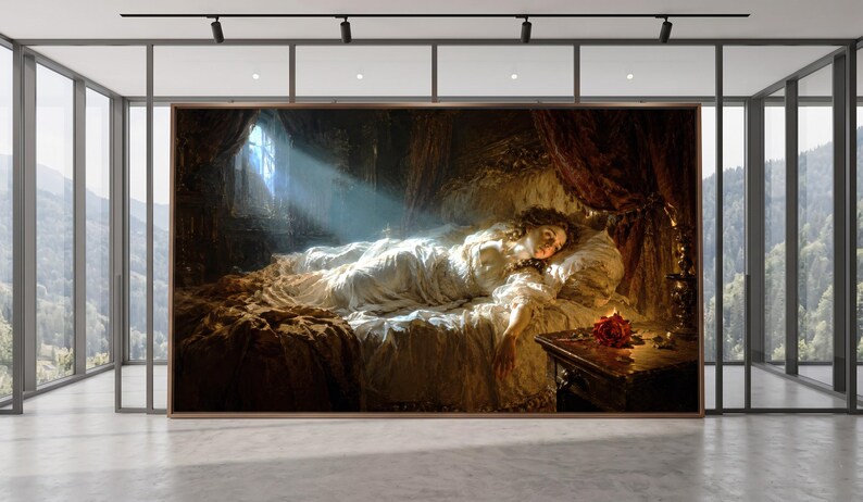 Puede incluir: Una impresi&oacute;n de arte mural rectangular que representa a una persona con un vestido blanco durmiendo en un dormitorio oscuro y ornamentado. Un rayo de luz ilumina la figura desde una ventana, mientras una rosa roja descansa sobre una mesita.