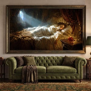 Puede incluir: Un gran cuadro al &oacute;leo enmarcado de forma rectangular que representa a una persona durmiendo en una cama iluminada por un rayo de luz. La obra se exhibe sobre un sof&aacute; capiton&eacute; verde flanqueado por dos mesas de madera con l&aacute;mpara.