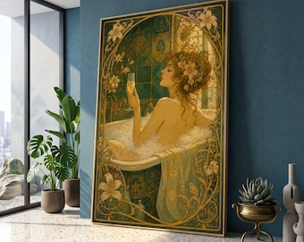 Lámina digital vintage Art Nouveau para baño, imagen de mujer elegante en un baño de burbujas, decoración floral para el hogar, descarga instantánea.