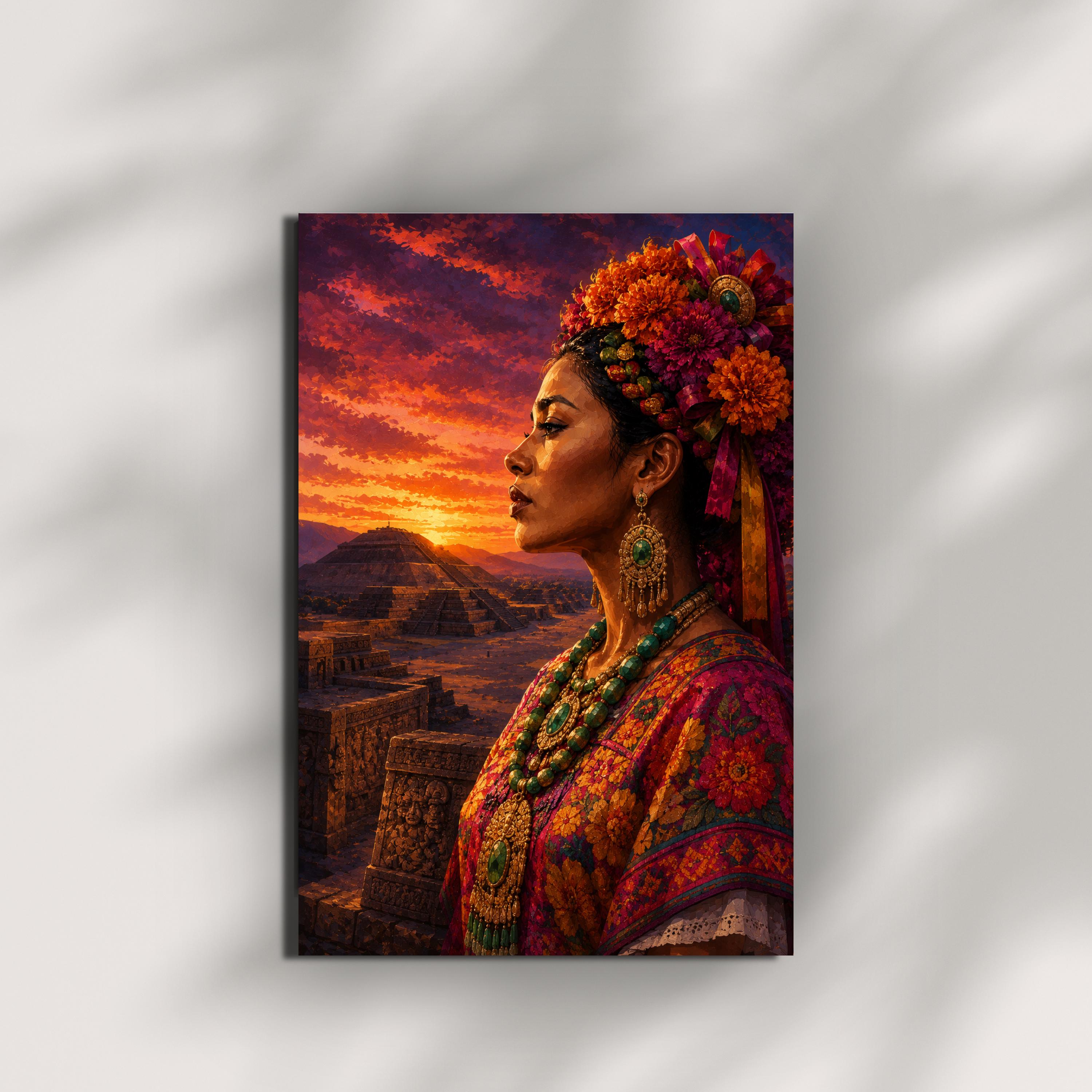 Majestic Aztec Woman Profile, Traditional Mexican Attire Canvas, Sunset ...