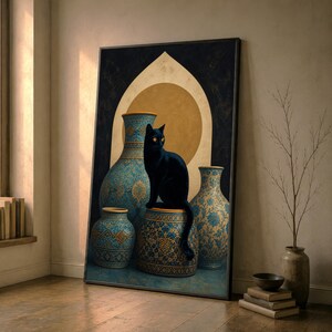 May include: A framed wall art print featuring a black cat sitting on a blue and gold patterned ceramic stool, surrounded by three matching ornate vases. The background displays a large gold circle set within a dark blue pointed arch design.