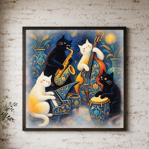 May include: A square framed wall art print featuring four cats playing musical instruments. A white cat plays a blue and gold piano, a black cat plays a gold saxophone, a white cat plays a blue and gold upright bass, and a black cat plays a drum.