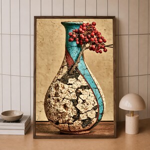May include: A decorative wall art print featuring a ceramic vase with a textured, cracked beige surface and a smooth, bright blue vertical stripe. A branch with small, round red berries extends from the neck of the vase against a tan background.