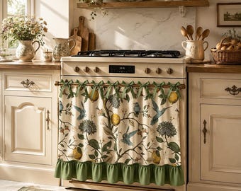 Farmhouse Oven Door Curtain, Botanical Kitchen Curtain with Birds & Lemon Print, French Country Decor, Cottagecore Stove Cover, Kitchen Gift