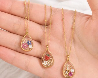 Collier médaillon flottant personnalisé en forme de larme, pendentif à breloques personnalisé avec pierre de naissance de famille, cadeau significatif pour maman