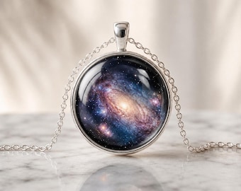 Galaxy Pendant Necklace, Silver Nebula Glass Cabochon, Celestial Space Jewelry
