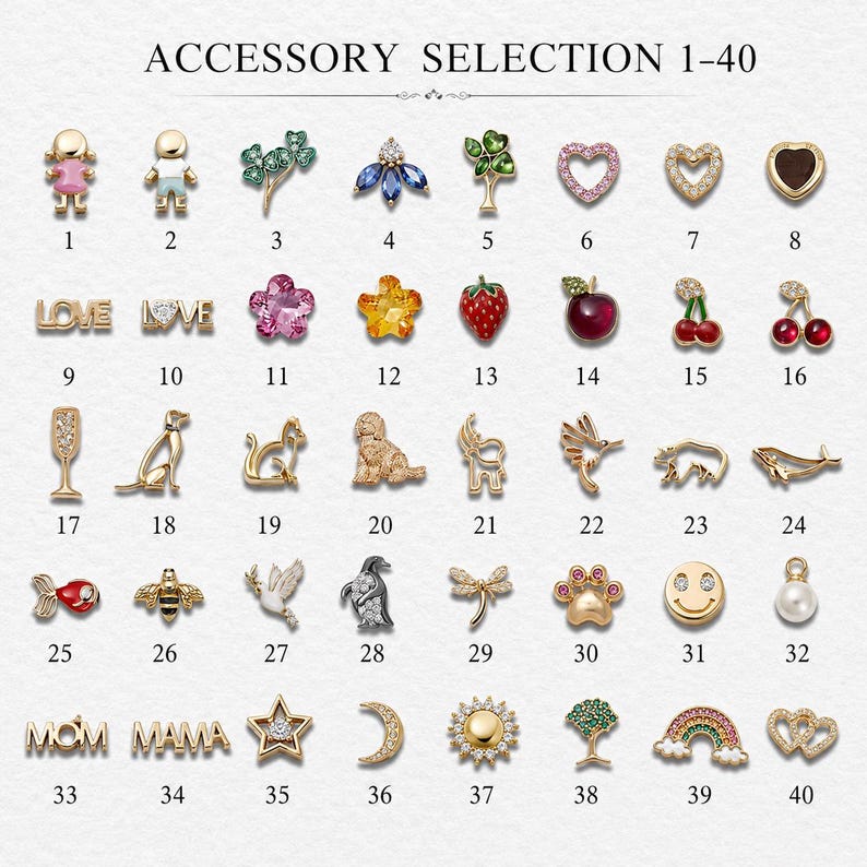 May include: A collection of forty small gold-toned metal charms labelled 1 through 40, featuring various shapes including figures, animals, fruits, flowers, celestial bodies, and text like LOVE, MOM, and MAMA, accented with colourful enamel and crystals.