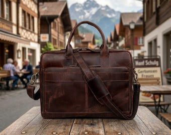 Handmade Full Grain Leather Briefcase Bag, Personalized Vintage Laptop Bag, Messenger Bag ,Brown Leather Office Satchel, Gift for Him