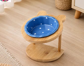Handmade Bamboo Pet Feeding Stand with Bowl | Elevated Cat Dog Dining Station