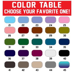May include: A color table with the text "COLOR TABLE CHOOSE YOUR FAVORITE ONE!" featuring 25 color swatches, each with a number. Colors include blue, pink, green, brown, and black.