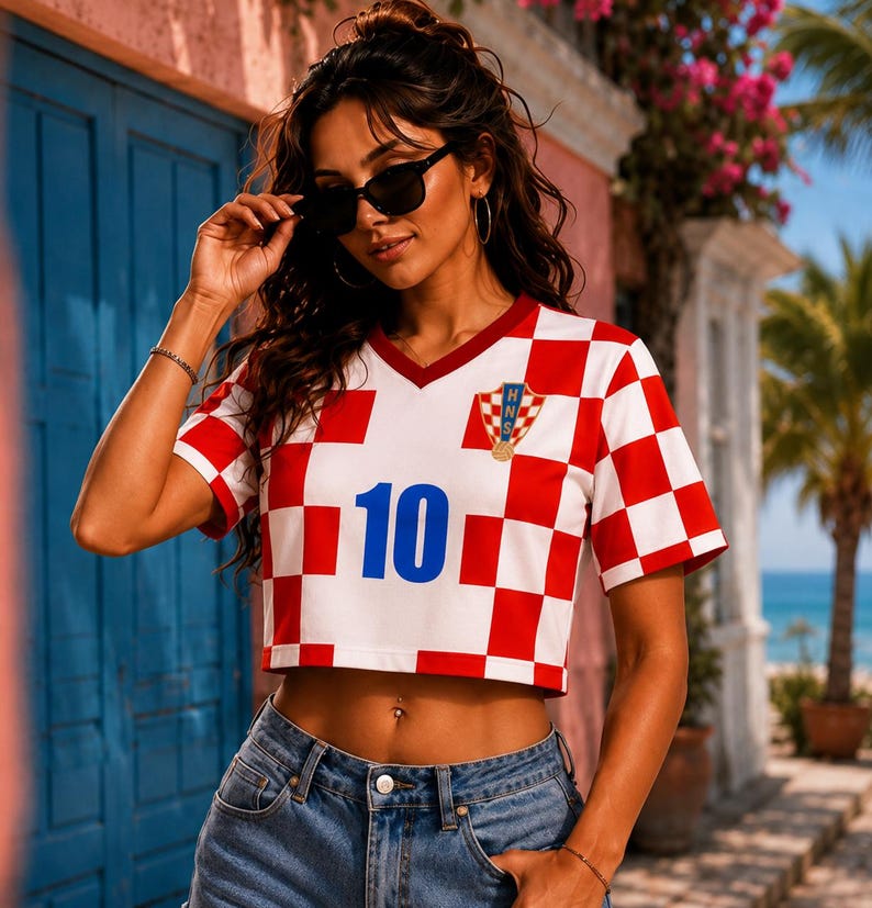 May include: A short-sleeved V-neck crop top featuring a red and white checkered pattern. The front displays the number 10 in blue and a small crest with the letters HNS above a soccer ball graphic. The garment is paired with blue denim jeans.