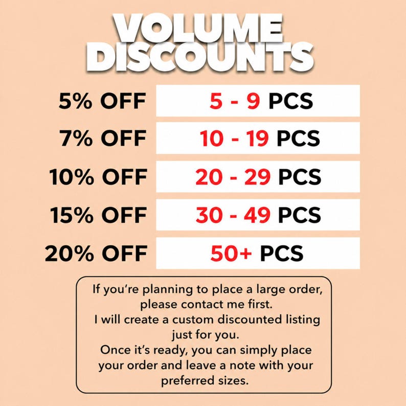 May include: A light peach graphic chart titled VOLUME DISCOUNTS listing tiered savings: 5% off for 5-9 pcs, 7% off for 10-19 pcs, 10% off for 20-29 pcs, 15% off for 30-49 pcs, and 20% off for 50+ pcs, with instructions for large custom orders.