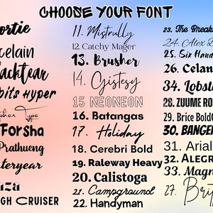 May include: A graphic showcasing a variety of font styles, numbered and labeled for selection. The text "CHOOSE YOUR FONT" is at the top. Font styles include "Whortie", "Porcelain", "Blacktear", and many more, displayed against a gradient background.