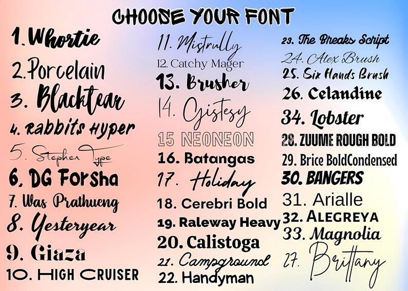May include: A graphic showcasing a variety of font styles, numbered and labeled for selection. The text "CHOOSE YOUR FONT" is at the top. Font styles include "Whortie", "Porcelain", "Blacktear", and many more, displayed against a gradient background.