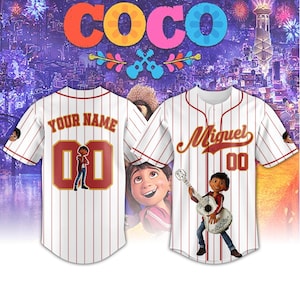 May include: A white baseball jersey with red pinstripes featuring the character Miguel from the movie Coco. The front displays the name Miguel and the number 00, while the back shows the text Your Name and the number 00 with a graphic of Miguel.