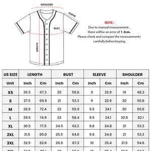May include: Size chart for a unisex baseball jersey, with measurements in inches and centimeters. The chart includes sizes XS to 5XL, detailing length, bust, sleeve, and shoulder dimensions. A diagram of the jersey is also included.