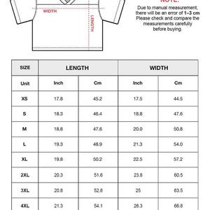 May include: A black and white line drawing of a t-shirt with a V-neck, accompanied by a sizing chart. The chart lists lengths and widths in inches and centimeters for sizes XS through 5XL, noting a potential 1-3 cm measurement error.