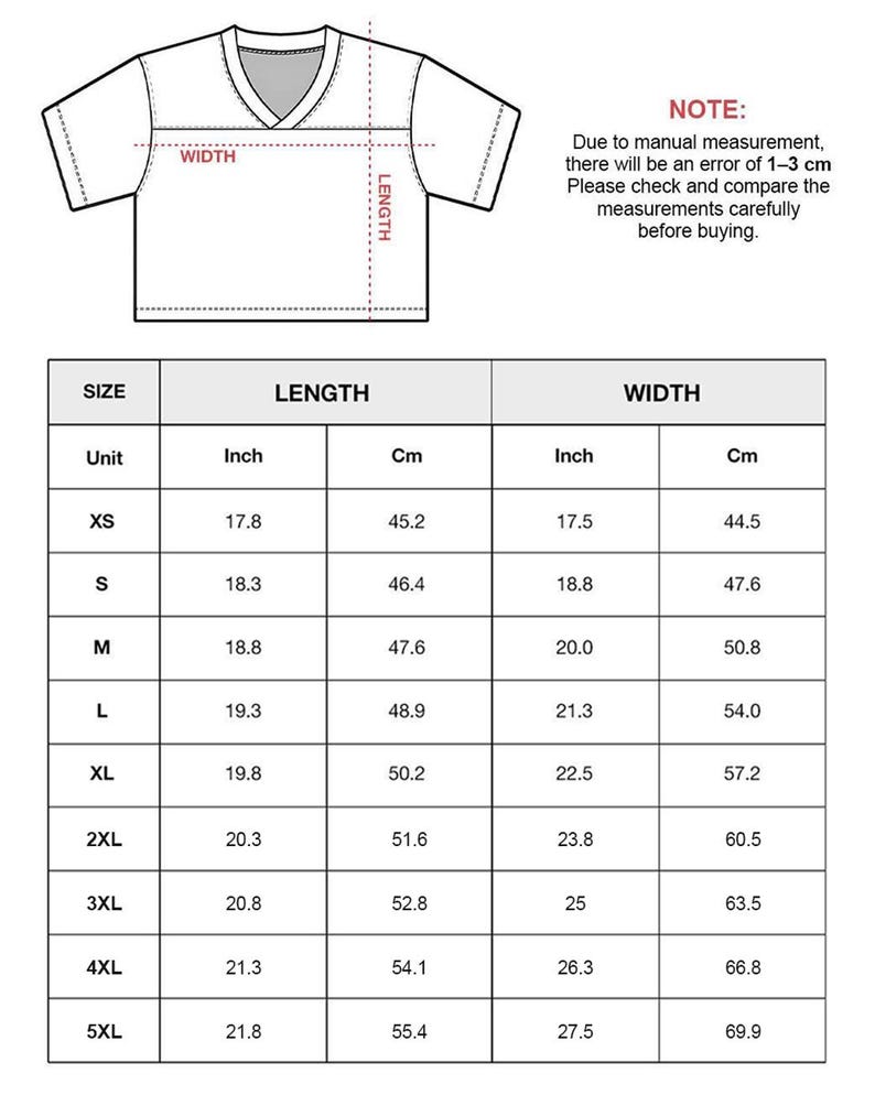 May include: A black and white line drawing of a t-shirt with a V-neck, accompanied by a sizing chart. The chart lists lengths and widths in inches and centimeters for sizes XS through 5XL, noting a potential 1-3 cm measurement error.