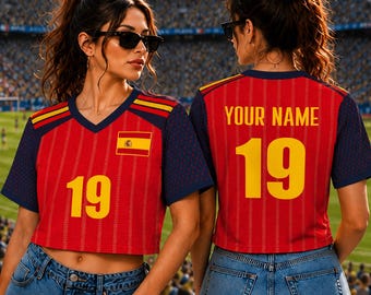 Personalized Spain Soccer Mesh Crop Top Jersey Custom Name Number Shirt, 2026 Spain Football Fan Crop Top Tee for Women
